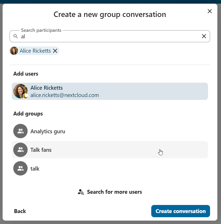 Talk participant selection step when creating a new conversation