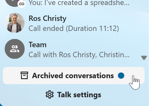 Talk navigation bar showing the archived conversations button
