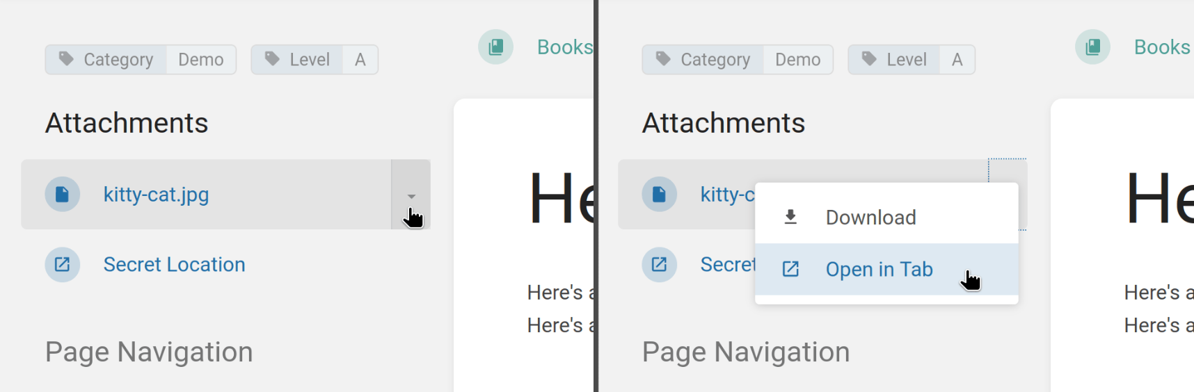 View of the sidebar when viewing a page with two attachments: a "kitty-cat.jpg" file attachment and "Secret Location" link attachment. There's also a view of the same but showing a dropdown menu on the right of the attachment, with "Download" and "Open in Tab" options