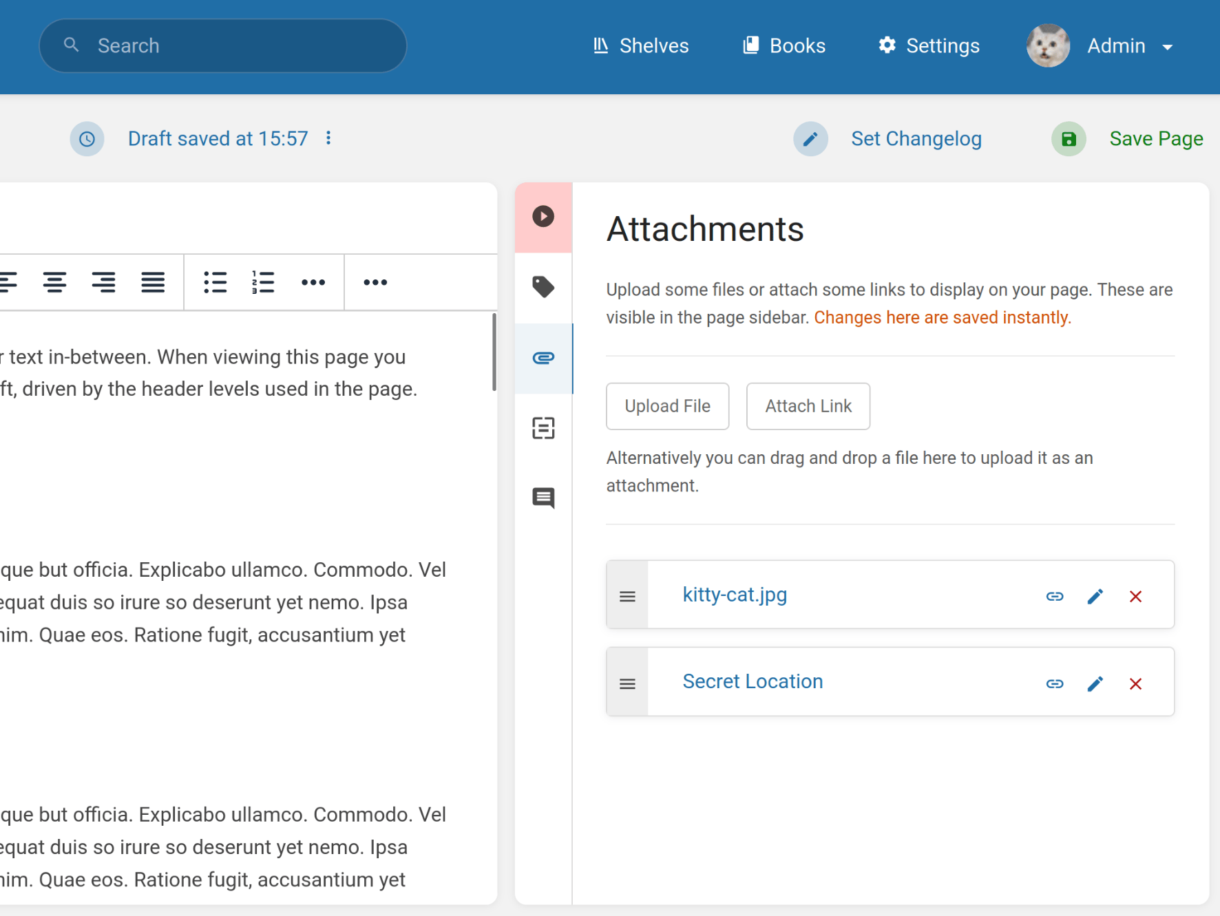 View of the BookStack page editor, with the sidebar open on an "Attachments" view, with the buttons "Upload file" and "Attach Link", along with two listed attachment boxes below labelled as a link with names "kitty-cat.jpg" and "Secret Location"