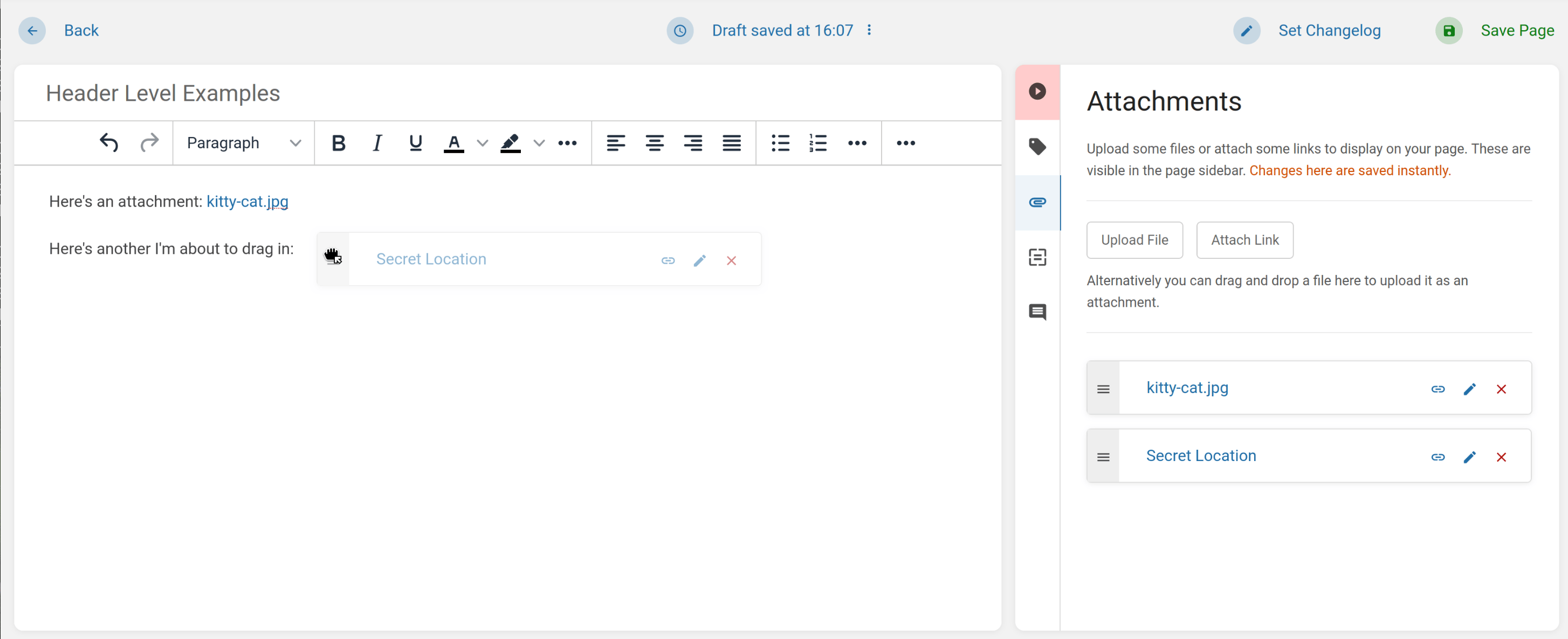 View of the page editor, with the attachments sidebar open. An attachment card named "Secret Location" is being dragged into the body of the page editor.