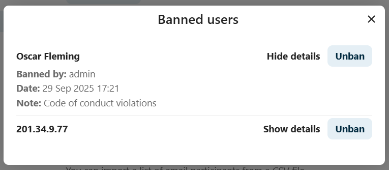 Talk list of banned participants with reasons and revert options