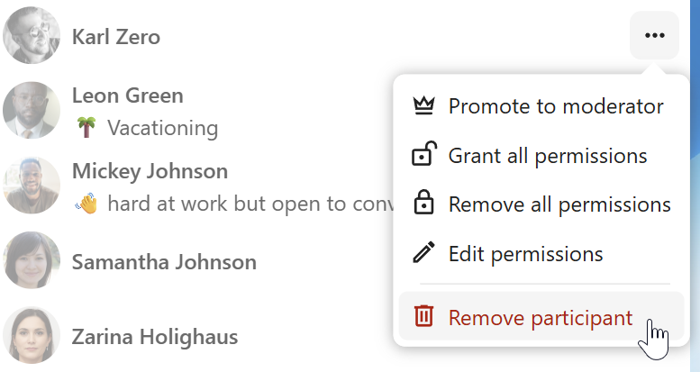 Talk participant menu with Remove participant option