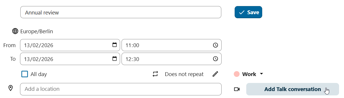 Nextcloud Calendar new event dialog with Talk conversation link option