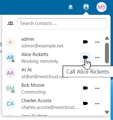 Nextcloud contacts menu with call actions