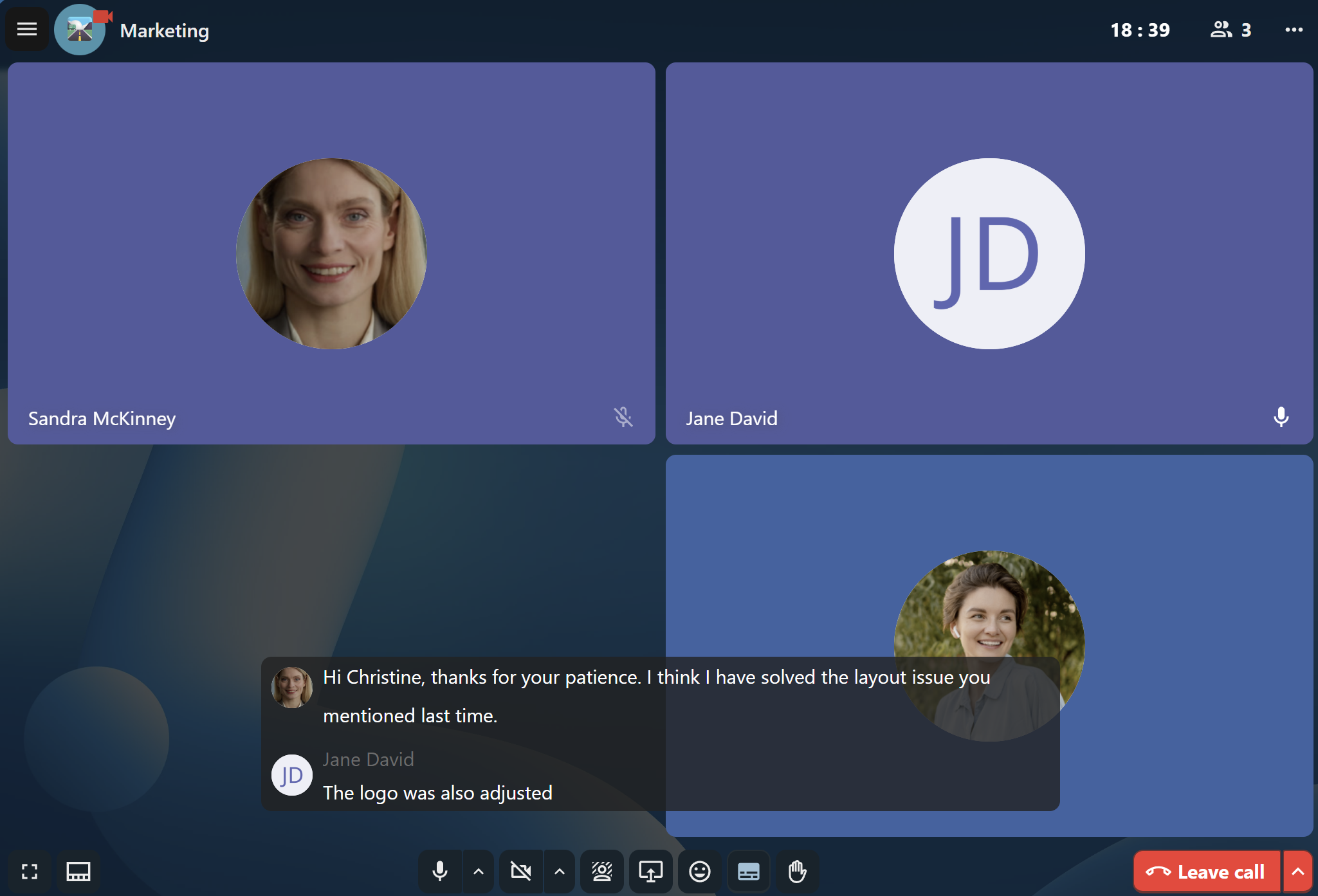 Talk call with live transcription text displayed at the bottom of the screen