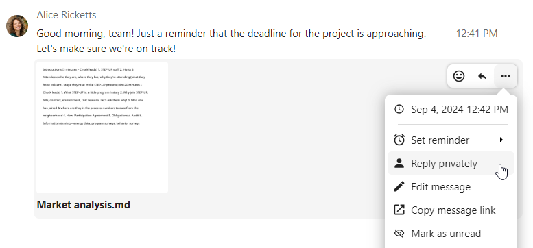 Talk chat message context menu with reply and other options