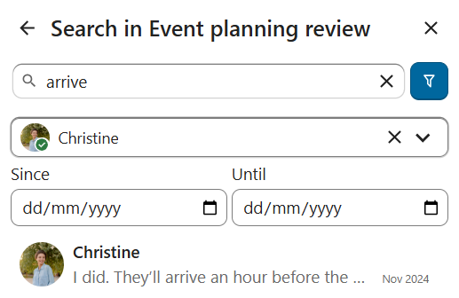 Talk message search with date range and sender filter options
