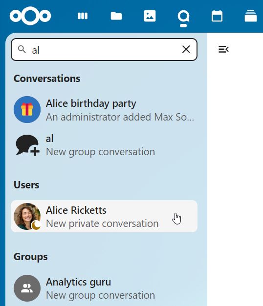 Talk search dialog to start a private chat with a user