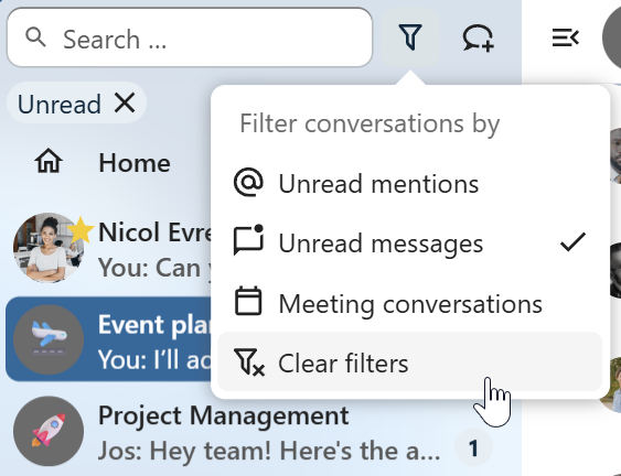 Talk conversation list with active filter and clear filter option