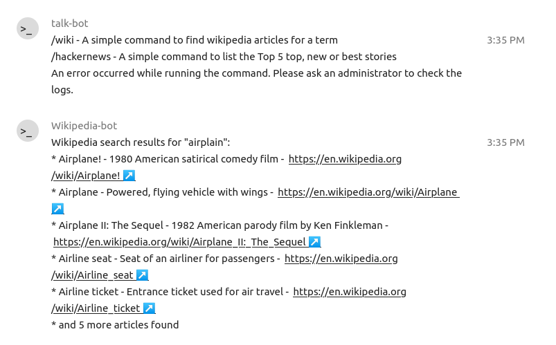 Talk chat showing the /help command output listing available bot commands