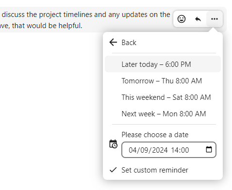 Talk reminder time selection submenu for a message