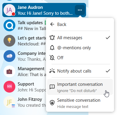 Talk conversation notification settings panel