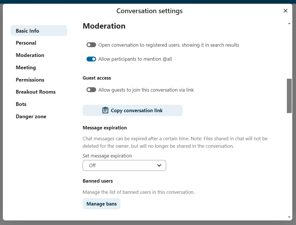 Talk conversation settings dialog showing description and access configuration