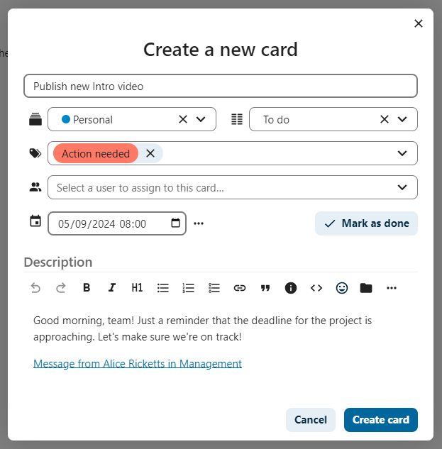 Deck card creation dialog opened from a Talk message