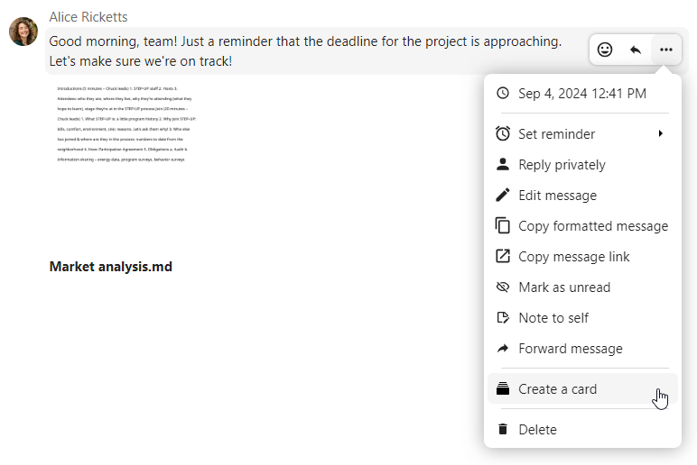 Talk message context menu with Create Deck card option