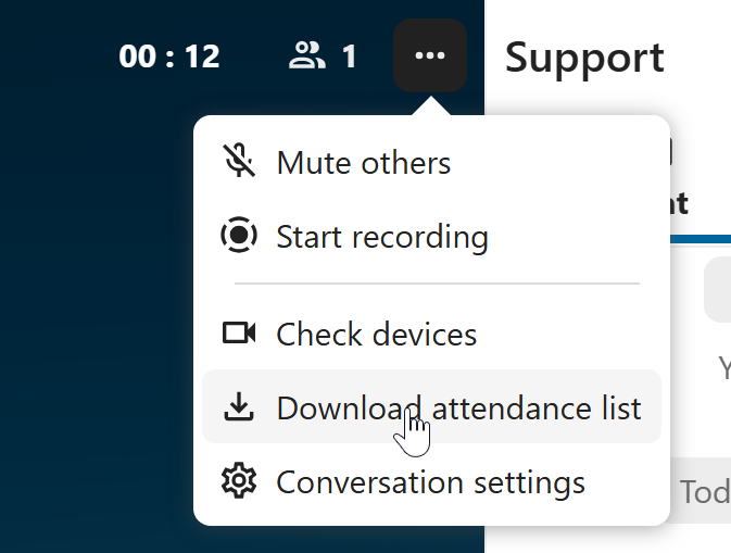 Talk in-call menu showing download participants list option