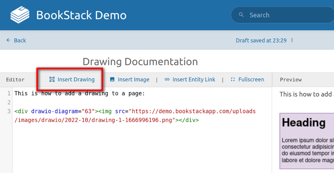 View of the Markdown editor with an "Insert Drawing" action highlighted