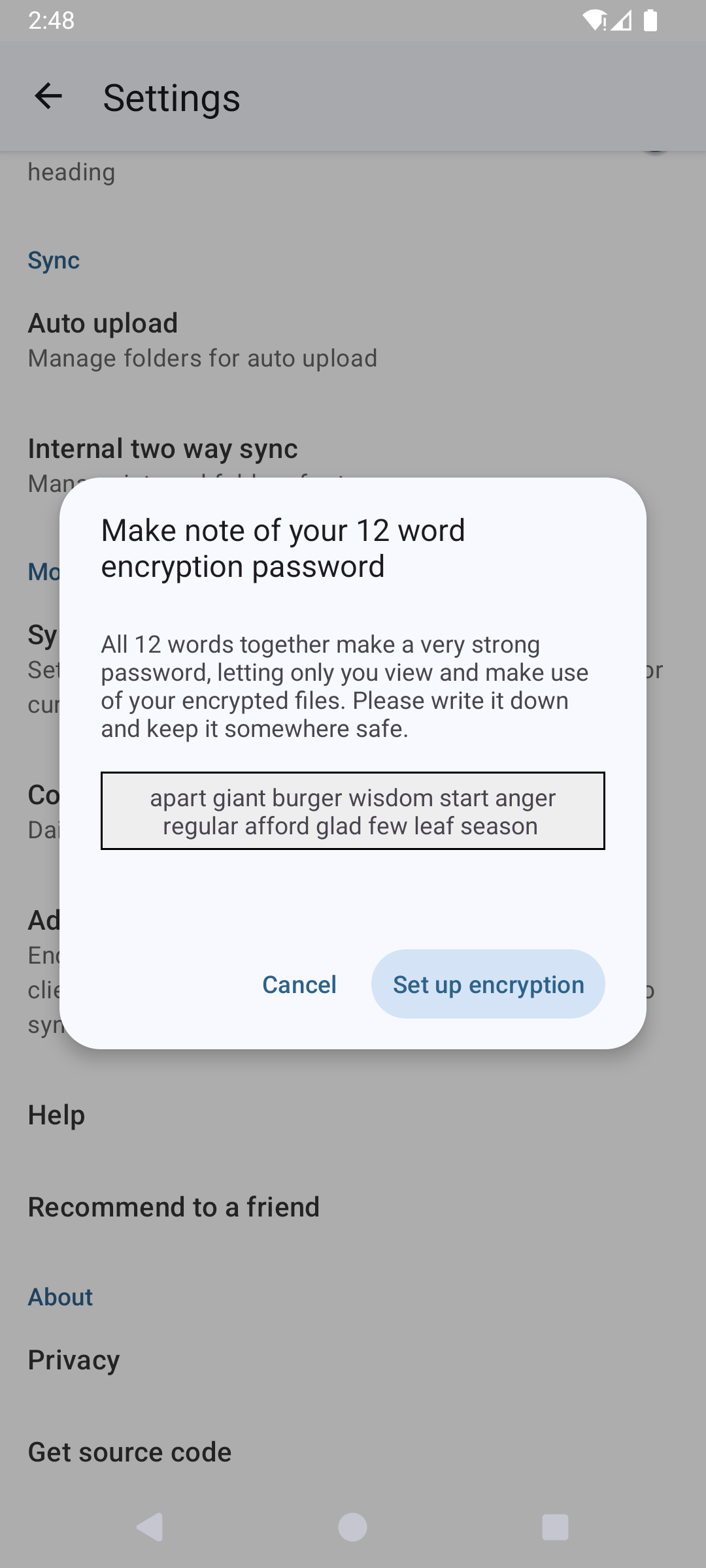 Displaying the mnemonic on an Android device