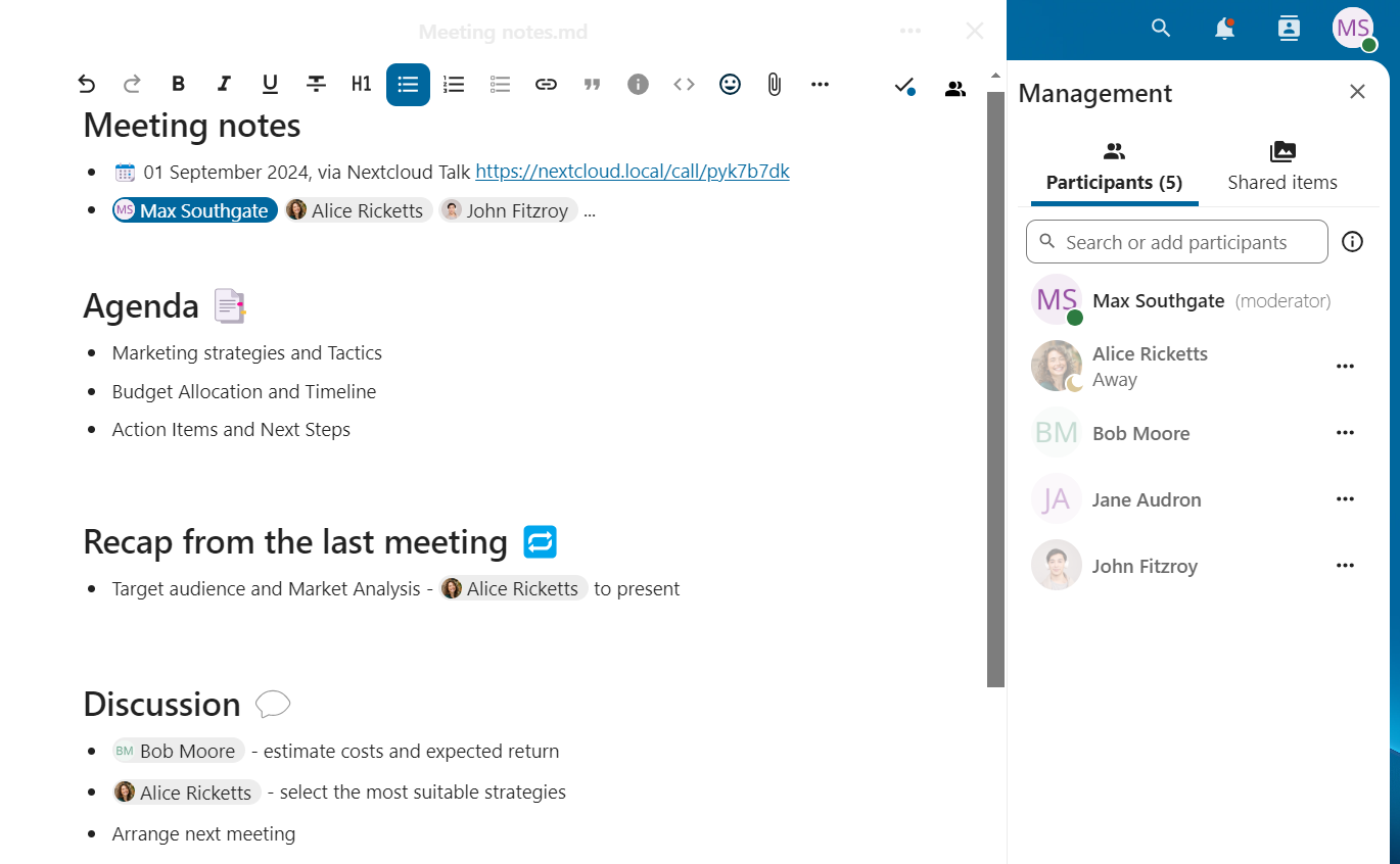 Talk chat with a shared document that participants can open and edit