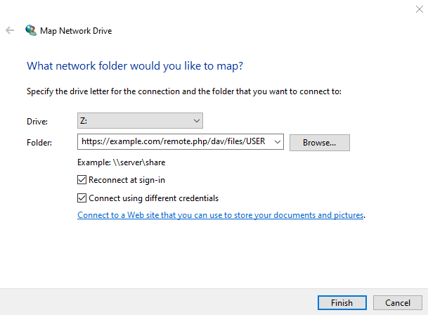 Windows Explorer Map Network Drive wizard with a Nextcloud WebDAV URL entered