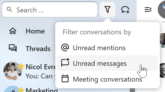Talk conversation list filter menu