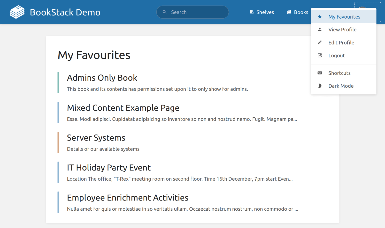 A view of the "My Favourites" page, with the header profile dropdown menu showing containing a link to "My Favourites"
