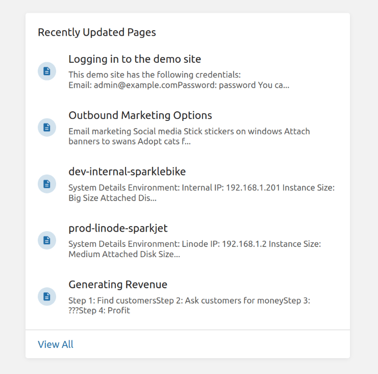 A card section with title "Recently Updates Pages" with a list of pages below