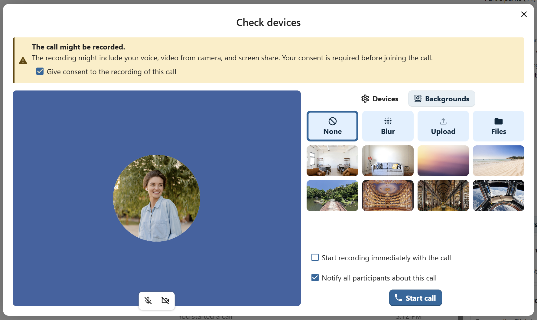Talk recording consent dialog with checkbox to accept recording