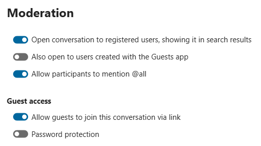 Talk conversation settings dialog for group and public access options