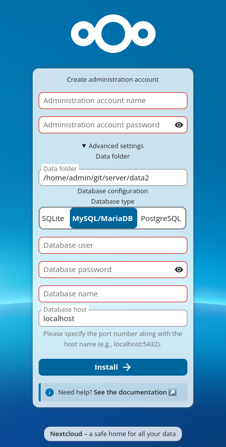 Nextcloud installation wizard showing database and admin account configuration fields