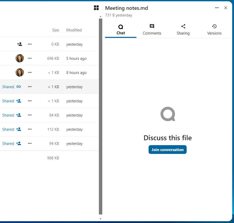 Nextcloud Files sidebar with Talk chat panel open for a file