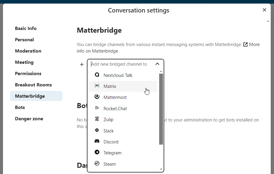 Talk conversation settings showing Matterbridge chat bridge configuration
