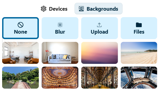 Talk Check devices dialog showing virtual background and blur options for video