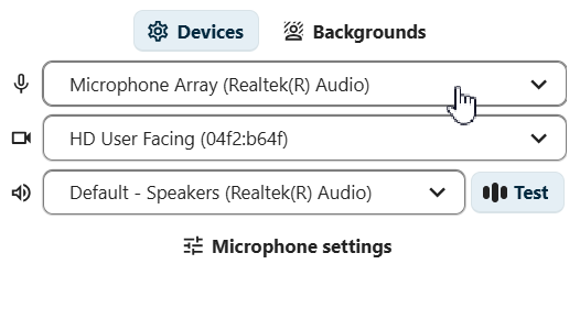 Talk Check devices dialog showing microphone and camera device selection