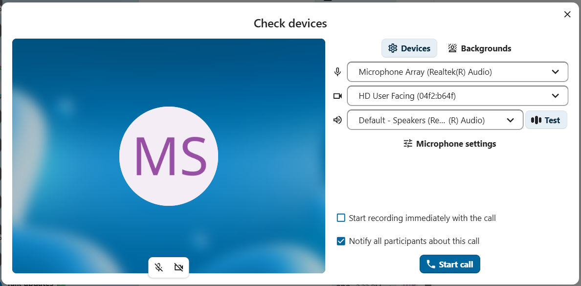 Talk Check devices dialog before joining a call