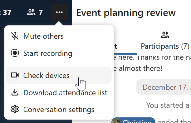 Talk in-call three-dot menu for additional settings and options
