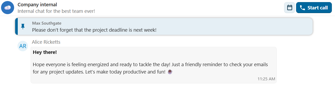 Talk chat view with a pinned message highlighted above the conversation