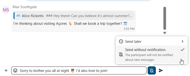 Talk chat input with silent message option enabled