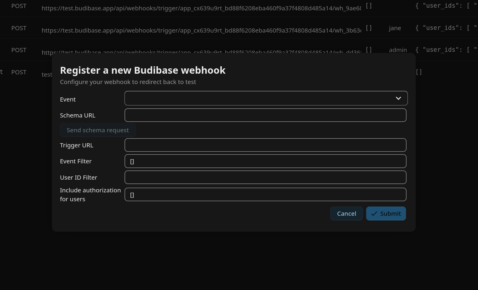 Orchestration Gateway dialog for registering a Budibase webhook