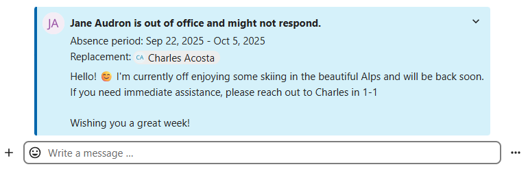 Talk showing an out-of-office status message for a user in a one-to-one conversation