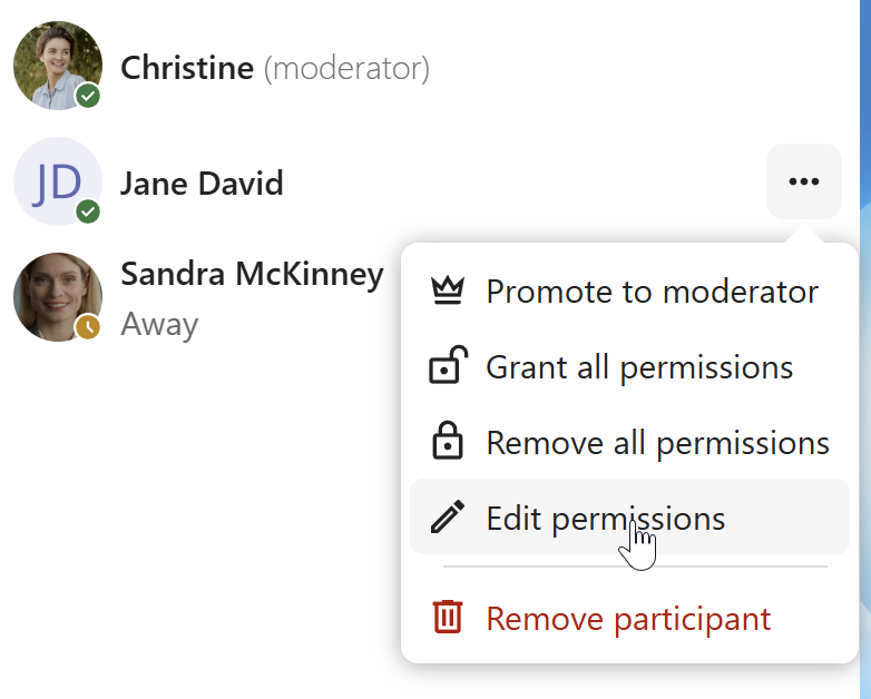 Talk participant menu showing permission and moderation options