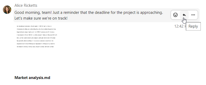 Talk chat message with the reply arrow highlighted on hover