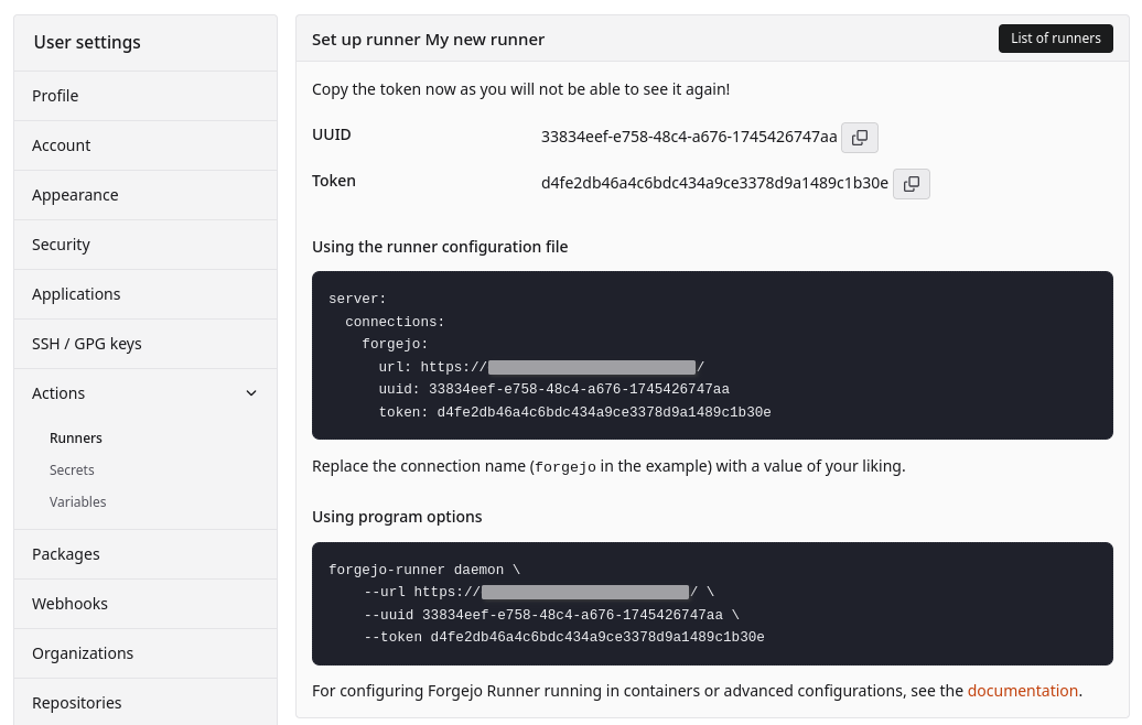 Screenshot showing a created runner