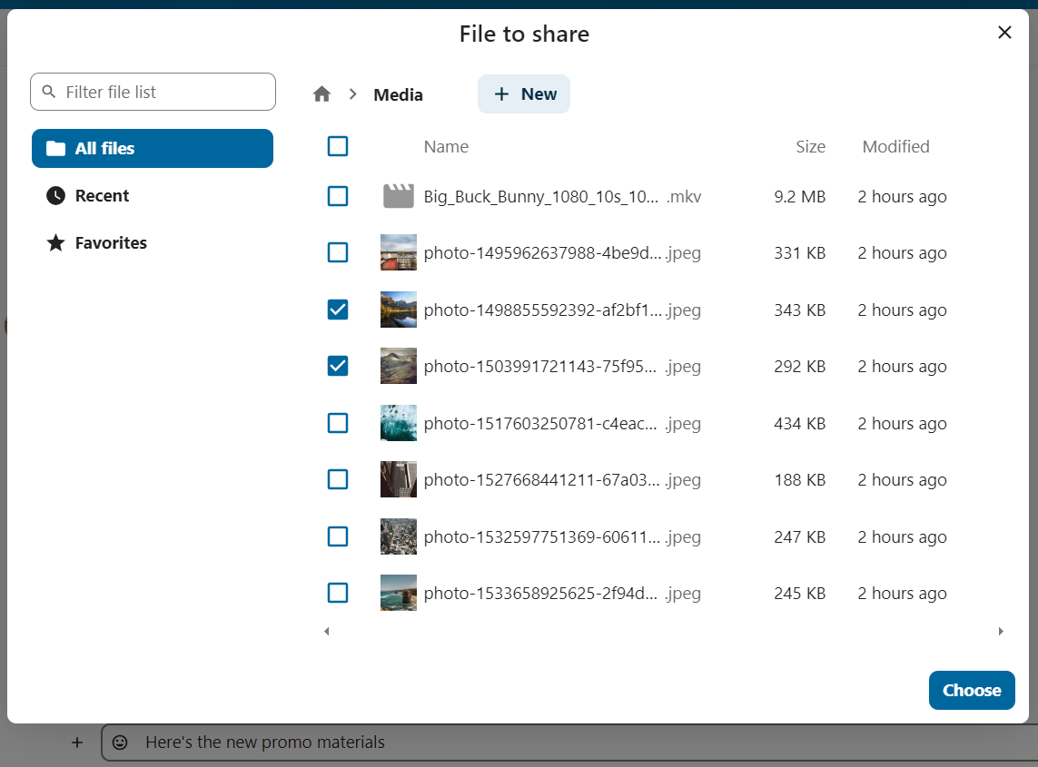 Talk file selection panel showing available files to share in chat