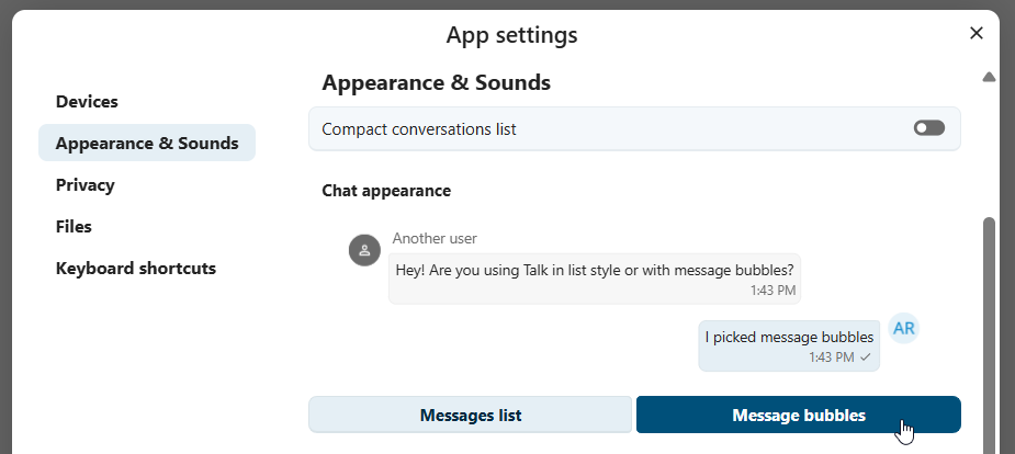 Talk settings dialog showing compact view and other appearance options