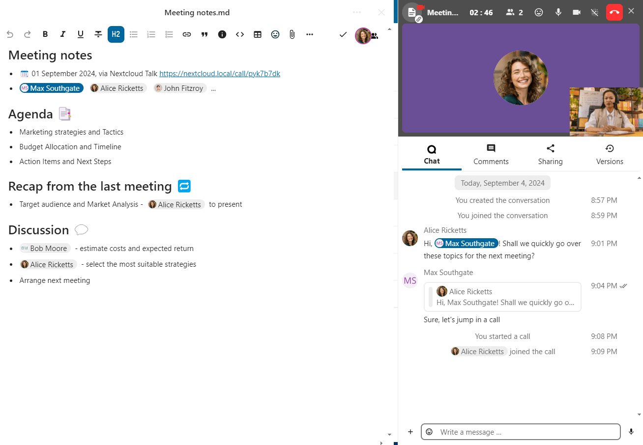 Nextcloud Text editor with Talk conversation sidebar open for collaboration