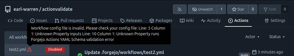 Action list with schema validation errors on hover