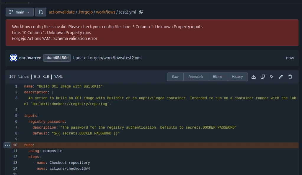 Viewing a Forgejo Actions workflow with schema validation errors